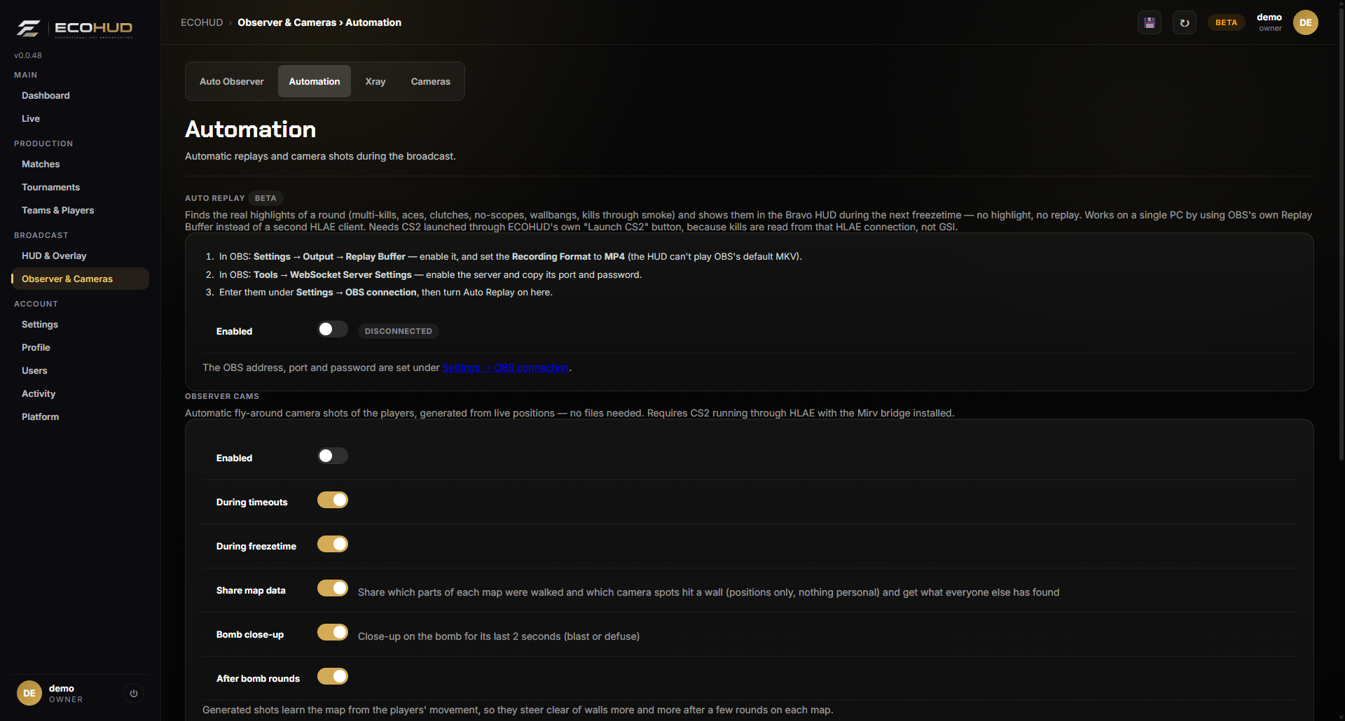 Automation page with Auto Replay and Observer cams