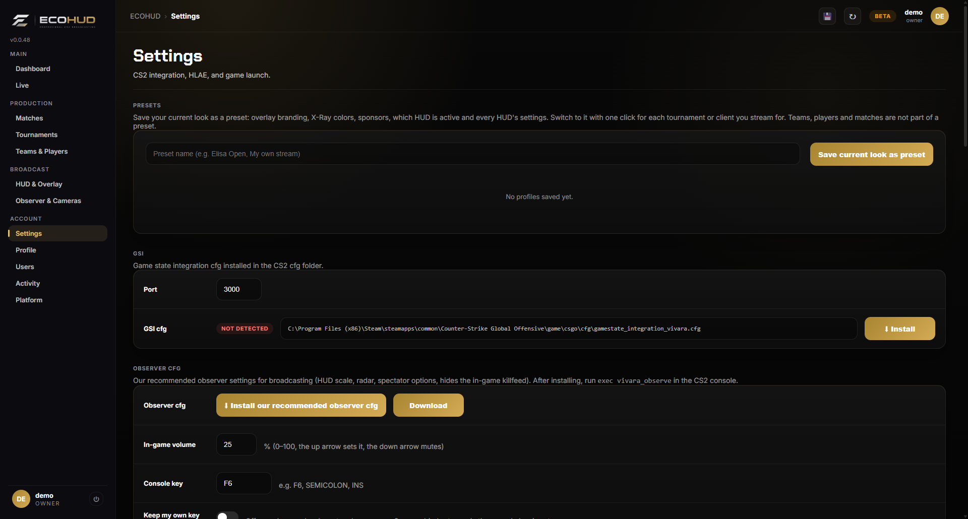 ECOHUD settings with one-click installs